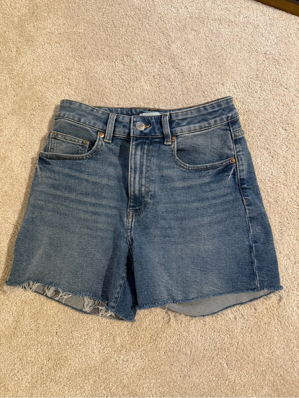 H&M Mid-Blue High-Rise Denim Shorts with Raw Hem